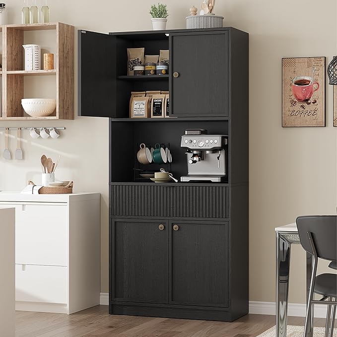 Garvee Tall Kitchen Pantry Cabinet, 70" Pantry Storage Cabinet with Countertop, Fluted Kitchen Hutch Cabinets with Doors and Drawer, Freestanding Cupboard for Dining Room, Living Room, Black