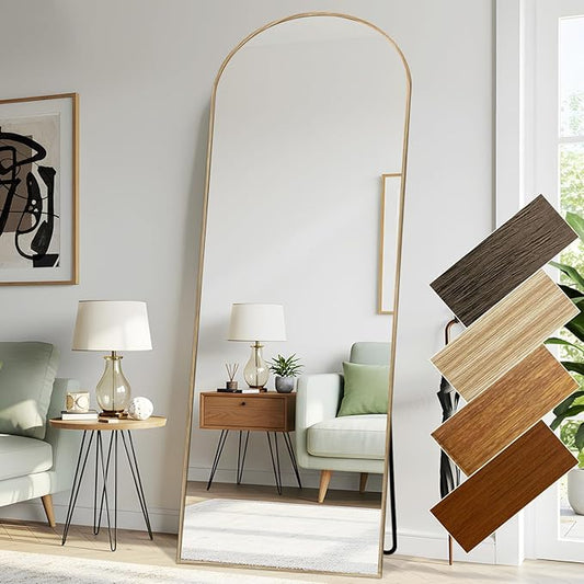 Arched 26x71 Inch Full Length Mirrors Aluminium Frame in Classic Natural Wood Looking Free Standing Floor Mirror Full Body Wall Mounted for Bedroom Living Room and Hallway