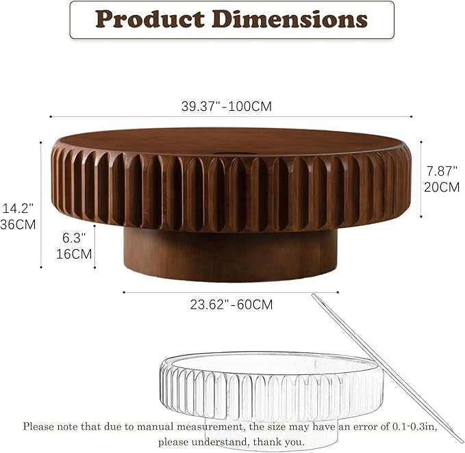Round Coffee Table with Storage for Living Room, Wood Circle Drum Coffee Table Modern Fluted Center Table Accent Table for Home Office Apartment (Walnut 39.37'')