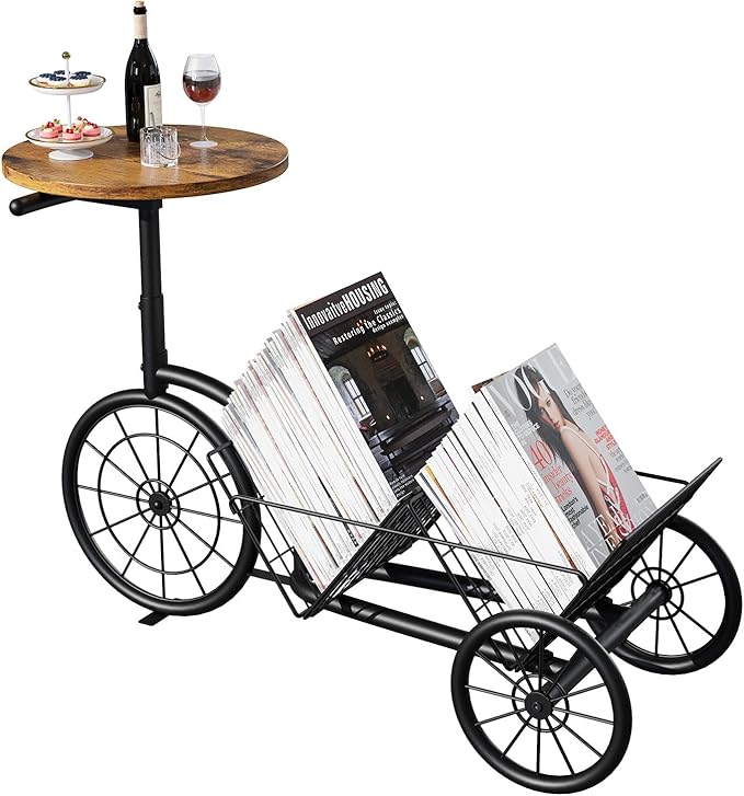 Bike Style End Table, Modern Industrial Side Table with Coffee Bar, Rustic Sofa Table with Vinyl Record Storage, Creative Magazine Holder Organizer for Living Room and Office