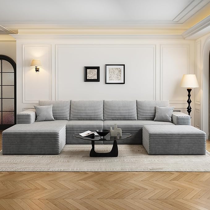 135.4" Cloud Modular Sectional Sofa with 1 Ottoman,Modern Minimalist Upholstered Couches, Comfort U Shaped Sofa for Living Room,Deep Seat Corner Couch，No Assembly Required (Grey,Left Facing Chaise)