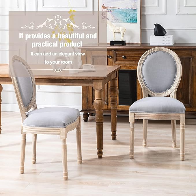 Nrizc French Dining Chairs Set of 6, French Country Dining Chairs, Vintage Farmhouse Dining Chair with Round Back, Solid Wood Beige Fabric Dining Room Chairs, for Kitchen, Bedroom, Dining Room