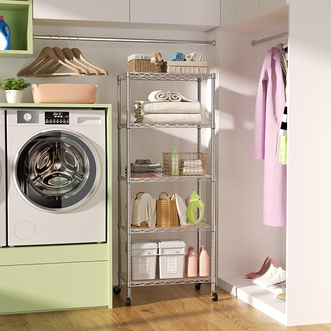 SINGAYE 5 Shelves Storage Shelf Wire Closet Bathroom Organizers Metal Pantry Kitchen Garage Shelving Unit Laundry Room Organization Home Rack Net Basket White with Wheels
