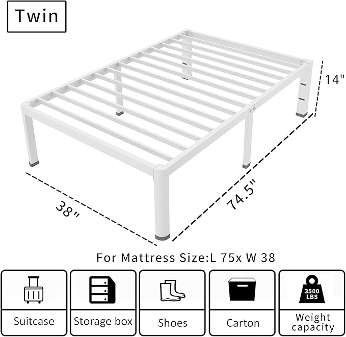 ROIL 14 Inch White Twin Size Bed Frame with Rounded Corner and Headboard Hole Mattress Retainers 3500LBS Heavy Duty Steel Slats No Box Spring Needed Platform Noise-Free Easy Assembly