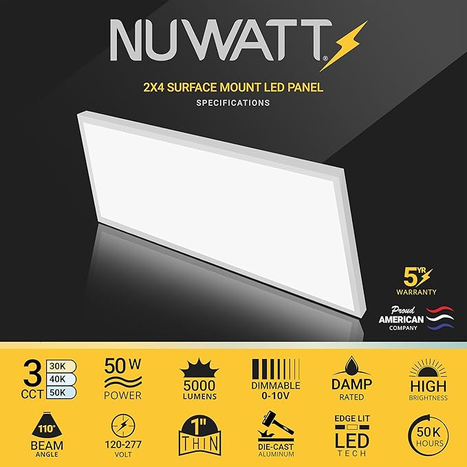 NUWATT 2 Pack, 2x4 LED Flat Panel Light, 120-277V, 3CCT 3000K/4000K/5000K Selectable, 5500LM, 50W, Internal Driver, Dimmable 0-10V, 2 x 4 FT Surface Mount LED Panel, 1 Inch Thin 2x4 Ceiling Light