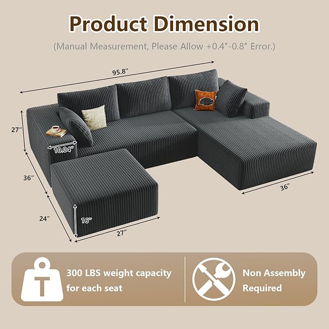 96" U-Shape Cloud Couch, Modern Modular Sectional L-Shape Sofa with Ottoman, Corduroy Upholstered Couches Deep Seat Chaise Longue for Living Room, No Assembly Required(Dark Gray, Right Facing)