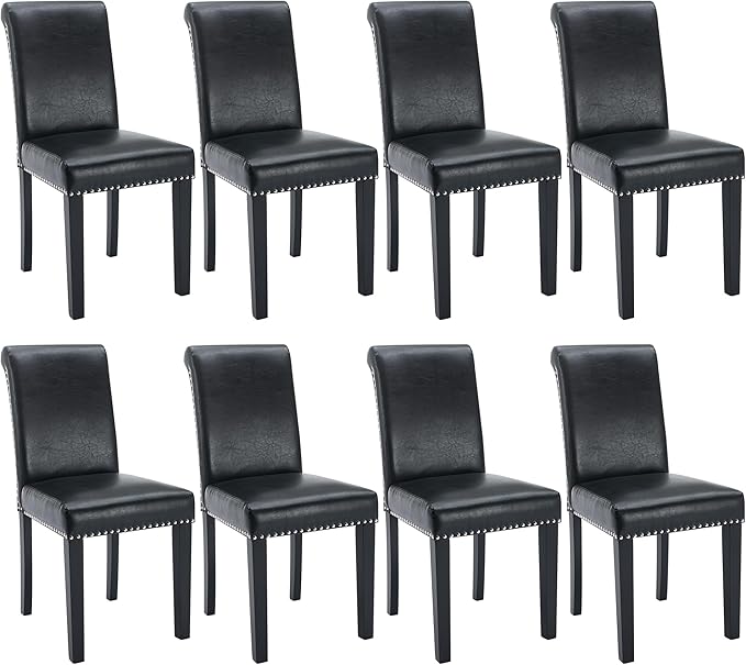 Westice Dining Room Chairs Set of 8 Upholstered PU Leather Kitchen Chairs Dining Room Side Chair with Nailhead Trim and Rubber Wood Legs for Small Space Apartment, Black