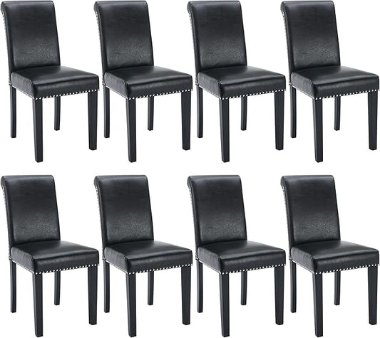 Westice Dining Room Chairs Set of 8 Upholstered PU Leather Kitchen Chairs Dining Room Side Chair with Nailhead Trim and Rubber Wood Legs for Small Space Apartment, Black