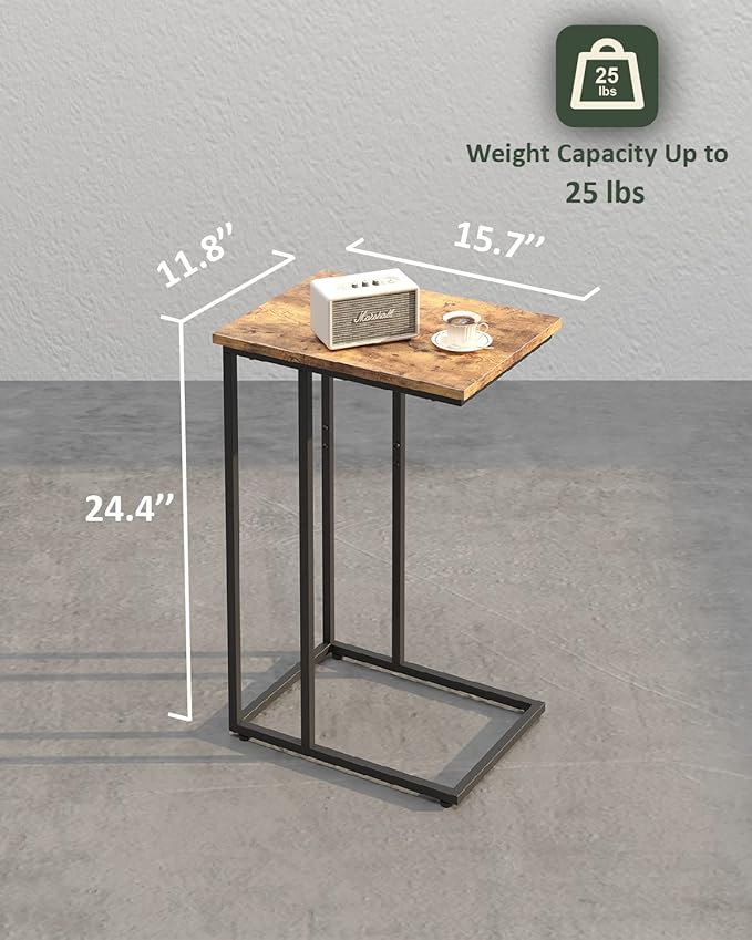 Innerjoin Slim C Shaped End Table, C Side Table for Sofa, Couch and Bed, Tv Tray Table fits Small Space, Living Room Bedroom, Rustic Brown