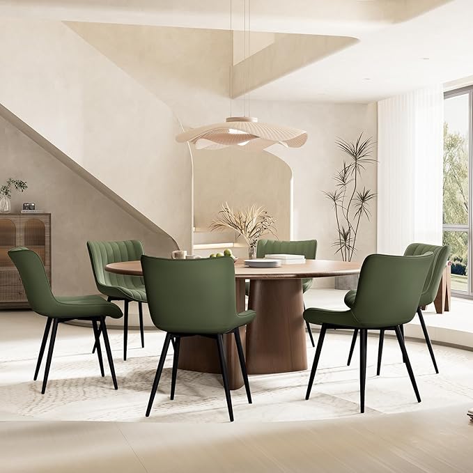 YOUNUOKE Mid-Century Modern Dining Chairs Set of 2, Olive Green PU Leather Upholstered Kitchen Chairs with Black Metal Legs, Armless Accent Side Chair for Dining Room, Guest Reception Room