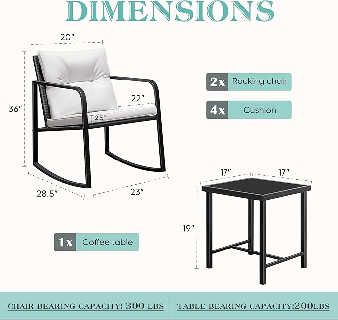 Greesum 3 Pieces Rocking Wicker Bistro Set, Patio Outdoor Furniture Conversation Sets with Porch Chairs and Glass Coffee Table, Beige