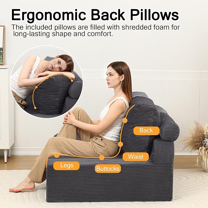 COMAX Convertible Sofa Bed Queen, Folding Floor Couch Corduroy Fold Out Couch Bed Sleeper Mattress with Back Pillows, Boneless Pull Out Loveseat Comfy Futon Lounge for Living Room Bedroom, Grey