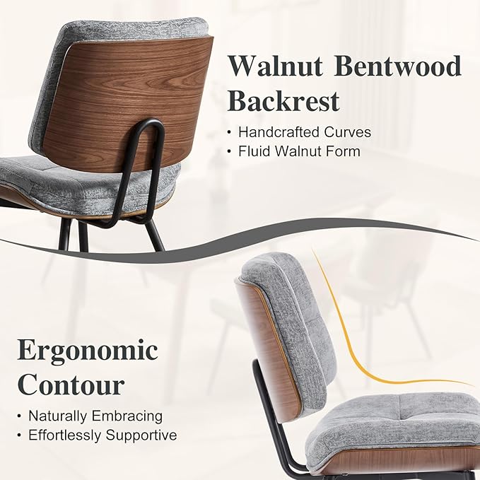 Dining Chairs Set of 4,Mid Century Modern Kitchen Chairs with Walnut Bentwood Back and Metal Legs,Upholstered Fabric Dining Room Chairs for Kitchen, Living Room,Grey