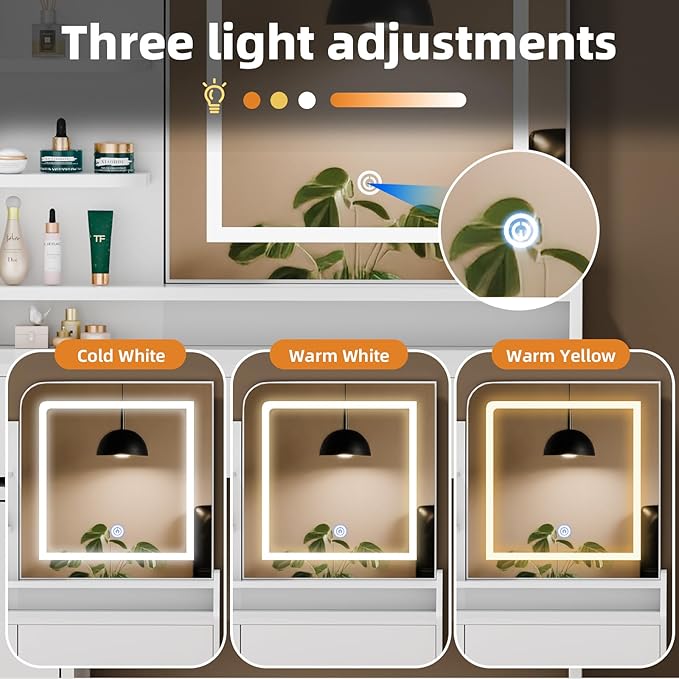 White Makeup Vanity Desk with LED Mirror & Movable Storage Cabinet, 3-Tier Open Shelves, 5 Drawers, Adjustable 3-Color Lighting for Bedroom