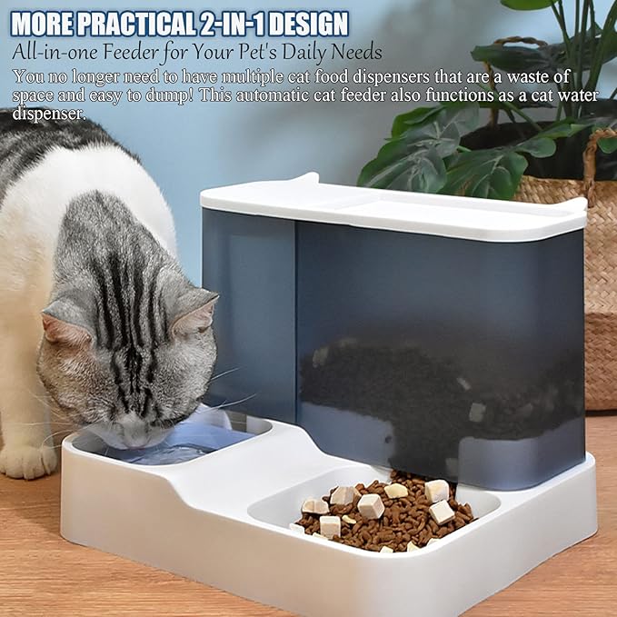 Kathson All-in-One Automatic Cat Feeder and Water Dispenser Set, Blue, Plastic, Multiple Pets