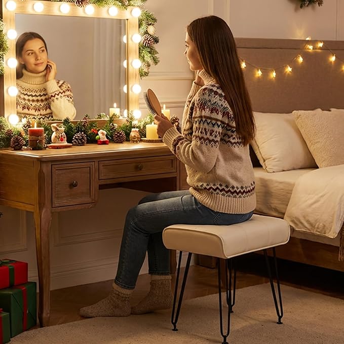 PU Leather Vanity Stools, Vanity Stool Chairs for Makeup Faux Leather Foot Stools Ottoman with Metal Leg Make up Chairs for Vanity Small Bench Seat for Living Room Bedroom (Cream White)