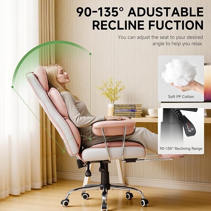 COMHOMA Big and Tall Office Chair, High Back Leather Gaming Chair with Footrest, Executive Ergonomic Office Chairs with Pocket Spring Lumbar Support and with Outward Fixed Soft Armrests