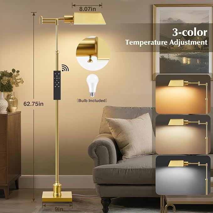 GyroVu Traditional Height Adjustable Pharmacy Floor Lamp with 350° Swing Arm, Color Temperature Adjustable Standing Lamp Metal Shade for Living Room Reading House Bedroom Home Office(Gold)