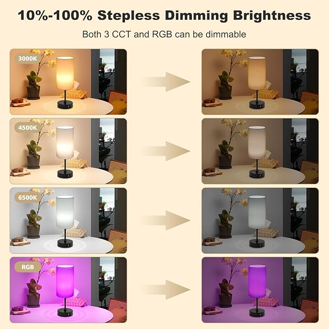 Unicozin Small Table Lamp, 3 CCT 3000K/4500K/6500K & RGB Color Changing, Stepless Dimmable Bedside Lamp for Reading, Touch Control Ambience Nightstand Light for Home Decor Party, Cream Shade