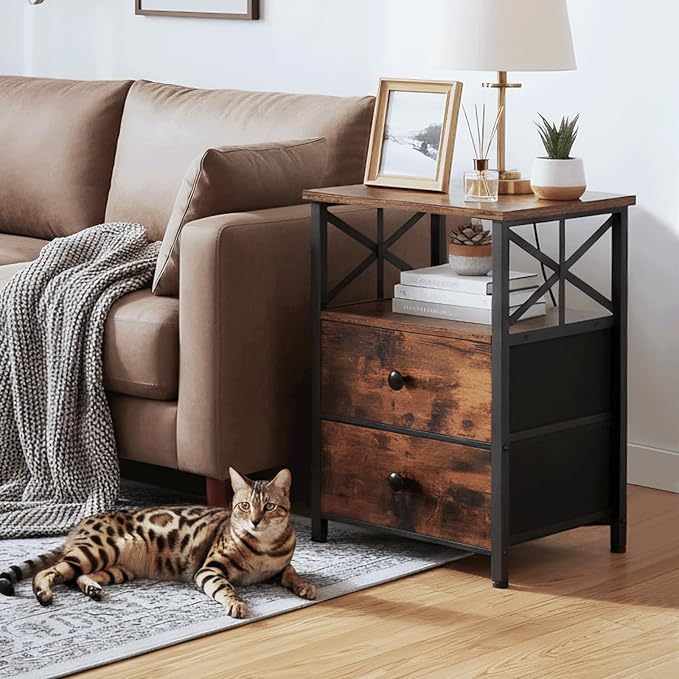 AMHANCIBLE End Table Living Room with Charging Station, Side Table with Fabric Drawer, Small Side Table with USB Ports and Outlets for Small Spaces Rustic Brown and Black HET05XBR1