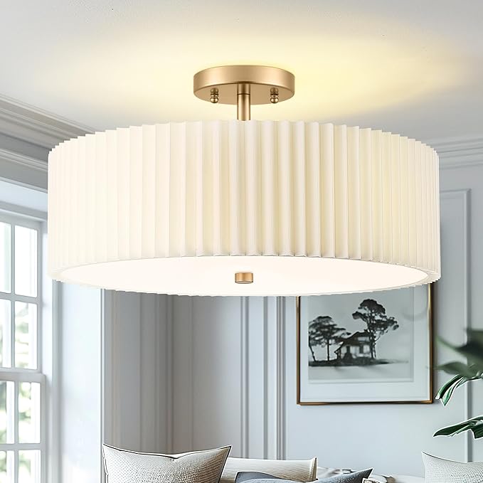 Gold Semi Flush Mount Ceiling Lights, 4-Light 18" Ceiling Light Fixture with White Pleated Fabric Shade, Drum Lamp for Nursery Hallway Bedroom Kitchen, AD-25036-4SF-GD
