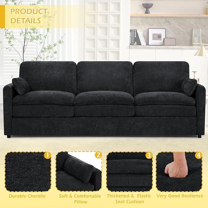 89” Chenille Sofa w/Arm Pillows, Upholstered 3-Seater Sofa w/Comfortable Back Cushions, Modern 3 Seats Couch w/High-Density Foam for Living Room, Apartment, Office, Black