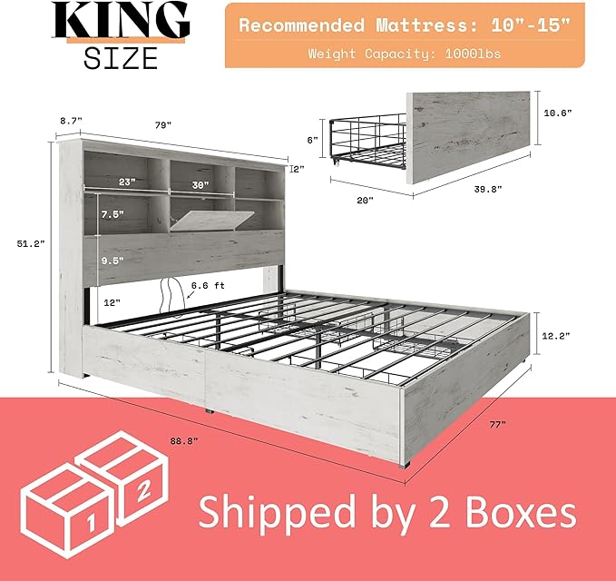 AMERLIFE Farmhouse King Size Bed Frame with 51.2" LED Storage Bookcase Headboard, Solid Wooden Platform Bed with 4 Drawers & Charging Station, Distressed White, No Box Spring Needed, Noise-Free