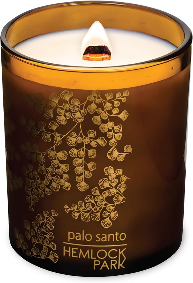 Hemlock Park Amber Gold Leaf Glass Wood Wick Candle Handcrafted with Natural Coconut Wax (Standard 7.2 oz, Palo Santo)