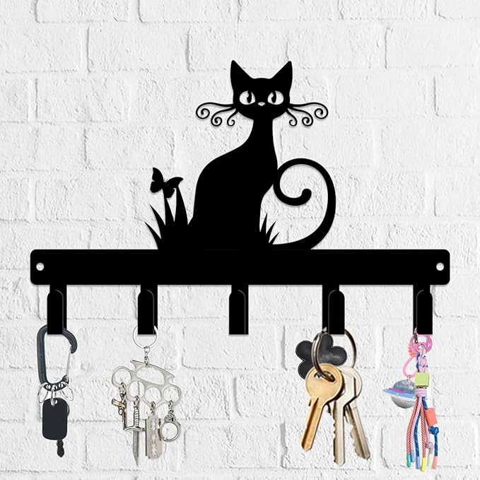 magilab Cat-Themed 10-Inch Iron Key Hooks with 5 Hooks, Black Wall Organizer - Cute Cat Design for Home Decor, No Drill & Screw-in Options (Style E)