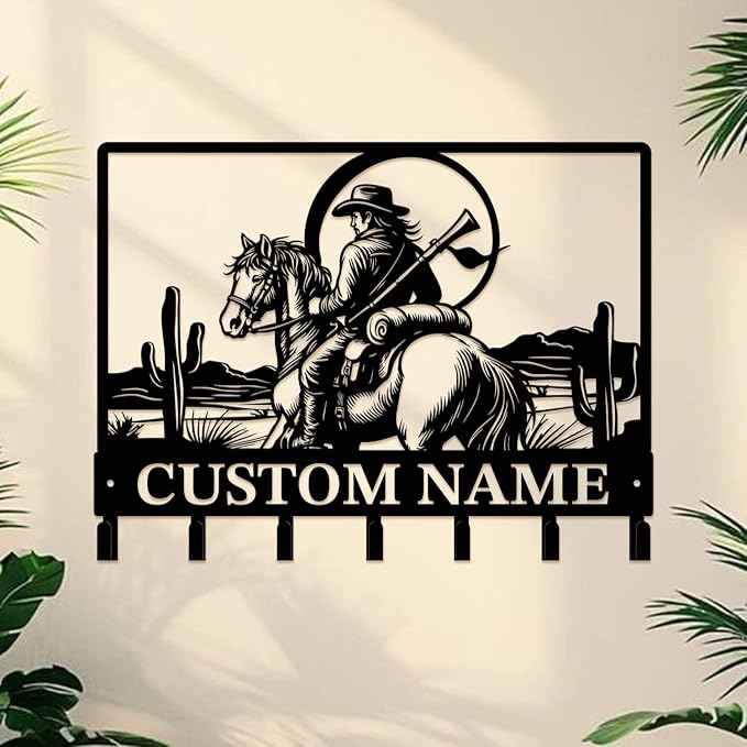 Custom Western Cowboy Metal Iron Key Hooks,Personalized Name & Text Engraving,Decor Wall Keys Holder for Home Entryway (Style H)