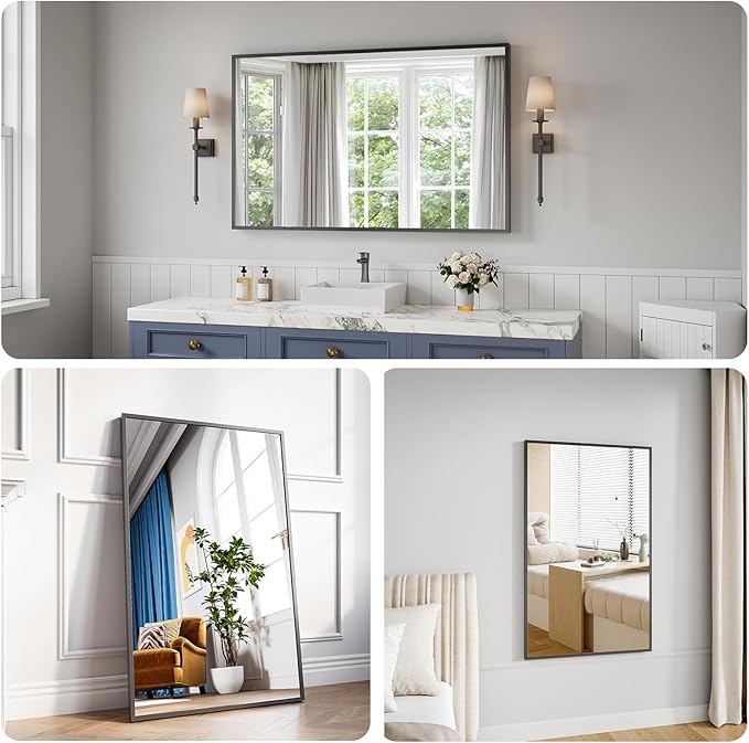 Koonmi Bathroom Mirror for Wall, 30"x48" Black Bathroom Mirror for Over Sink, Shatterproof Tempered Glass Vanity Mirror with Anti-Rust Aluminum Alloy Frame, Hang Horizontally or Vertically