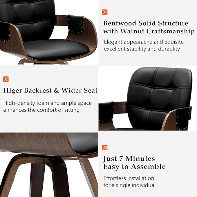 Set of 4 Mid Century Modern Chairs - Swivel Dining Chairs with Arms and Curved Back, Faux Leather Reception Room Chairs, Ideal for Kitchen/Living Room/Reception/Desk (Walnut Black)