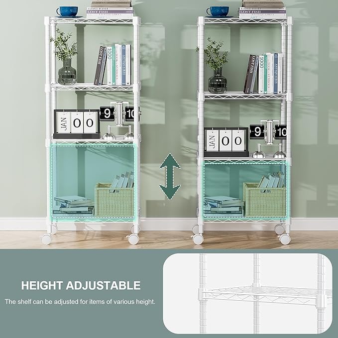 1000 lbs 4-Shelf Adjustable Heavy Duty Steel Wire Rack, Adjustable Storage Shelving Unit with Wheel for Kitchen, Garage, Laundry White 11.8" D x 17.7" W x 40.8" H