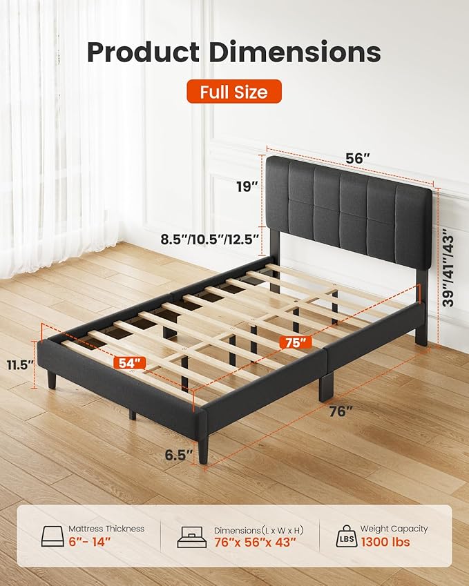 Amada Full Platform Bed Frame with 12 Thickened Legs & Adjustable Fabric Upholstered Headboard, Solid Wooden Support 1300 Lbs Weight Capacity, No Box Spring Needed/Easy Assembly/Underbed Storage