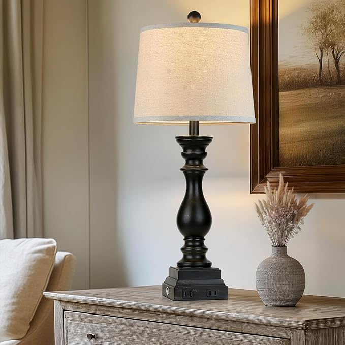 28" Farmhouse Table Lamps Set of 2 with USB C+A Ports and AC Outlet, 3 Way Touch Tall Vintage Bedside Lamp for Living Room, Black Rustic Nightstand Lamp for Bedroom Office