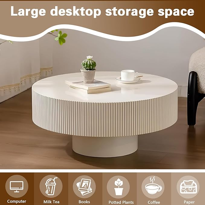 Round Drum Coffee Table Modern Coffee Table with Solid Wood Veneered Circle Center Table Accent Tea Table for Living Room Apartment Small Space (A)