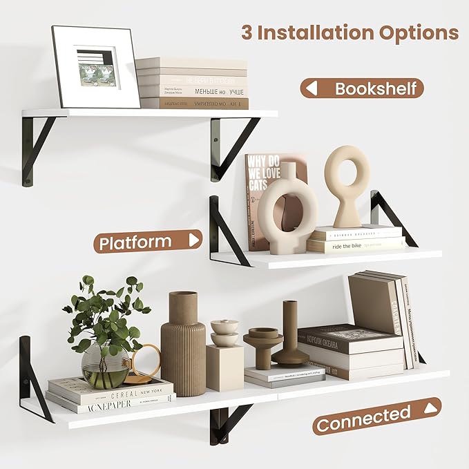 Axeman White Floating Shelves for Wall, 16W x 8D Floating Shelves Set of 2, 8'' Deep Wall Shelves for Bookshelf Living Room Bedroom Home Office Bathroom