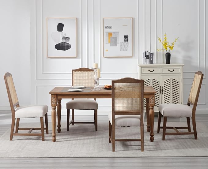 EALSON Rattan Dining Chairs Set of 6 Linen Upholstered Dining Room Chairs with Cane Back Mid Century Modern Kitchen Chairs Natural Wood Frame Side Chairs for Dining Room, Beige