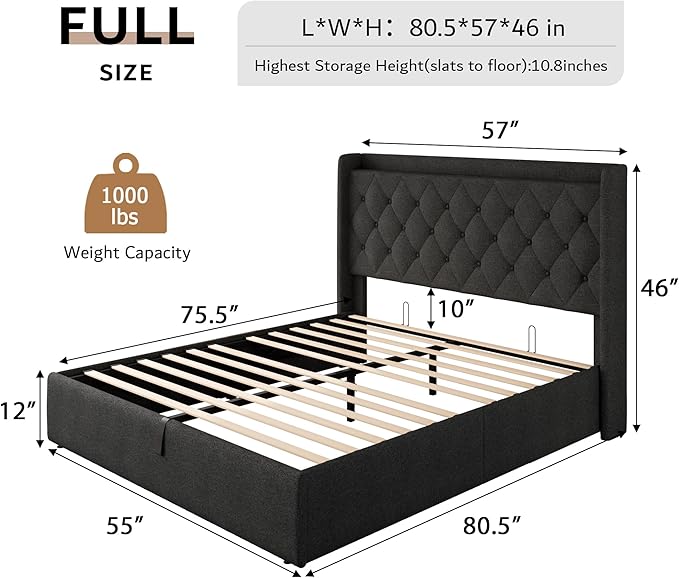 iPormis Full Size Lift Up Storage Bed Frame with Charging Station, Upholstered Platform Bed Frame with Tufted Headboard, Hydraulic Storage, No Box Spring Needed, Noise-Free, Easy Assembly, Dark Grey