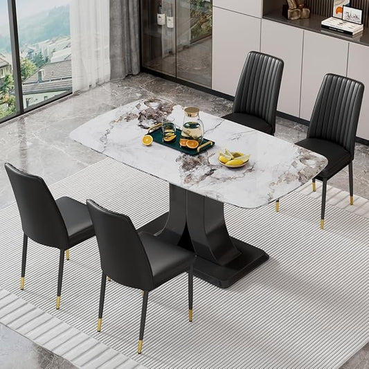 Modern Dining Table Set for 4, Marble Kitchen Table Chair Set for 4, Rectangular Kitchen Table with 4 Pu Leather Upholstered Chair for Dining Room (White+Black, 1 Table with 4 Chairs)