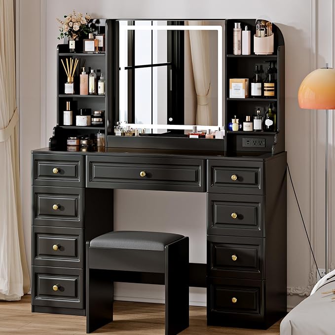 43" Makeup Vanity Desk with Mirror and Lights, & Power Outl, Glass Top Big Vanity Table with 9 Drawers& 8 Storage Shelves, Dressing Table Set with Chair for Bedroom, Black