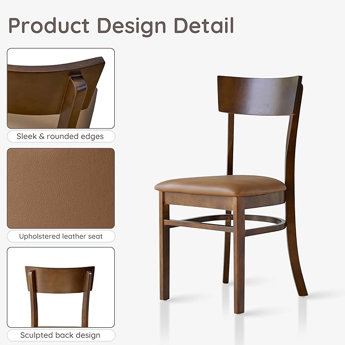 Livinia Mint Dining Chair Set of 2, Solid Malaysian Oak PU Leather Upholstered Cushion Seat, Straight Back Side Chairs (Walnut)