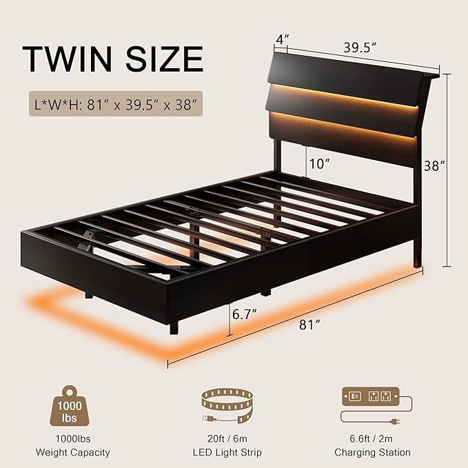 Floating Bed Frame Twin Size with Led Headboard and Charging Station, Metal Platform Bed Base with Storage, Remote Control, Heavy Slats Support, No Box Spring Needed, Noise Free, Black