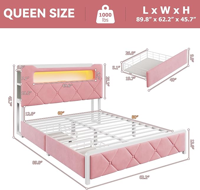 Queen Upholstered LED Bed Frame with 2 Storage Drawers and 2-Tier Storage Headboard,Velvet Princess Platform Bed with Charging Station & Bookcase,Heavy Duty Metal Support,No Box Spring Needed,Pink