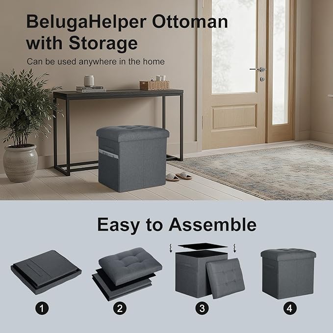 Storage Ottoman with Thicker Foam Padded Seat. 61L Slim Tall Foldable Foot Rest Stool with Linen Fabric, Ottoman with Storage Bench for Living Room Bedroom, 300lbs Weight Support, 17x13x17IN Dark Gray