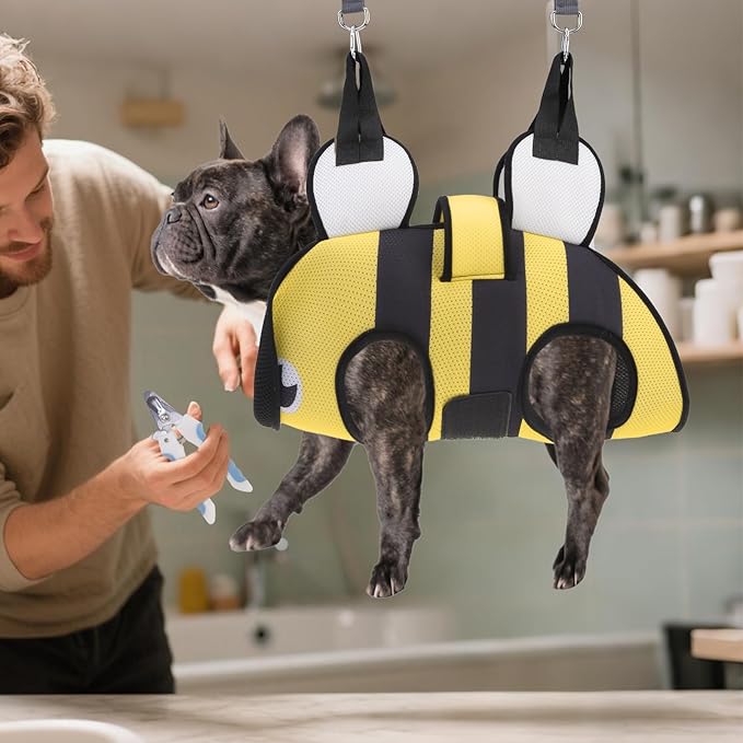 Dog Grooming Hammock for Small Dogs Cats, Cute Bee Design Dog Hanging Harness for Nail Trimming/Clipping, Pet Sling with Grooming Kit and Thick Neck Support & Strap Restraint Claw Care, M