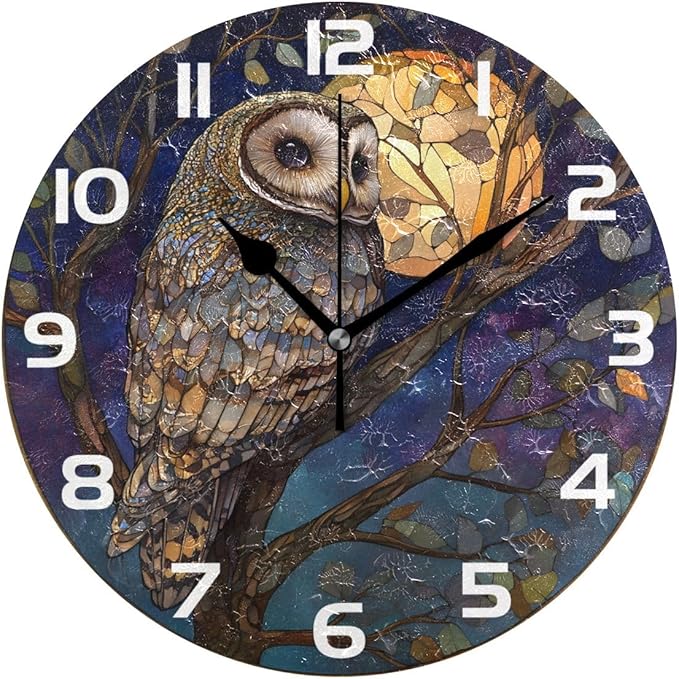 Bolaz Wall Clocks Decorative Bedroom Silent Living Room Desktop Owl Moon Stained Glass Tabletop Shelf Clocks Round Battery Operated 10 Inch Non-Ticking