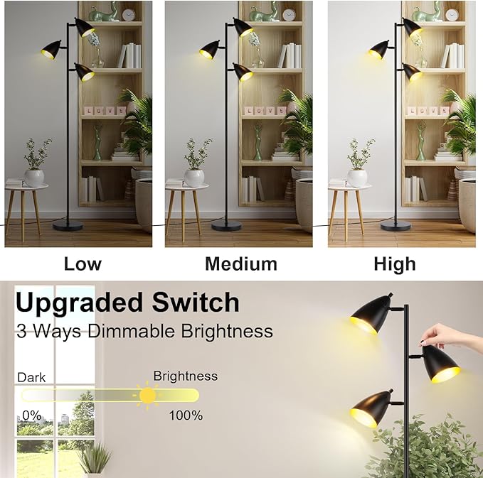 Tree Floor Lamp for Living Room, Industrial 3-Light Standing Lamp with 3 LED Bulbs, Adjustable Rotation Heads, Standing Tall Pole Lamp Farmhouse Rustic Reading Lamps for Bedroom Office (Black)