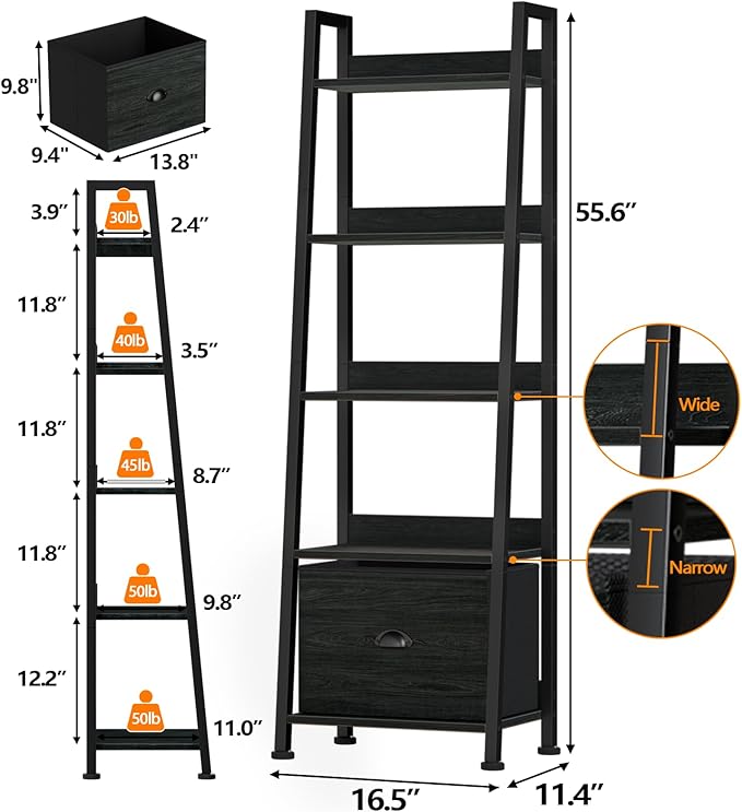 Furologee 5-Tier Ladder Shelf, Narrow Ladder Bookshelf with Drawer, 55.6”Tall Industrial Bookcase Storage Rack Organizer, Freestanding Storage Shelve for Living Room, Home Office, Bedroom, Black Oak