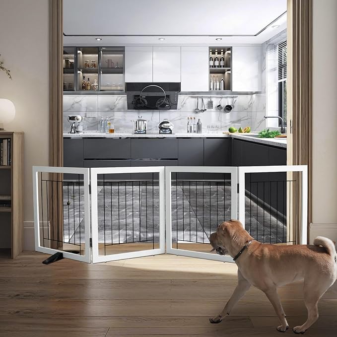 ZJSF Freestanding Dog Gate Indoor, Foldable Dog Fence for Doorways,Hallways or Stairs, Sturdy Wood Extra Wide Pet Gate with Support Feet,White,24 "Height-4 Panels